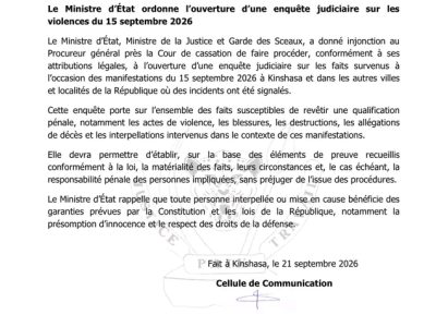 RDC : le ministère de la Justice ordonne une enquête judiciaire sur les violences du 15 septembre