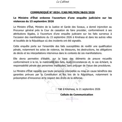 RDC : le ministère de la Justice ordonne une enquête judiciaire sur les violences du 15 septembre